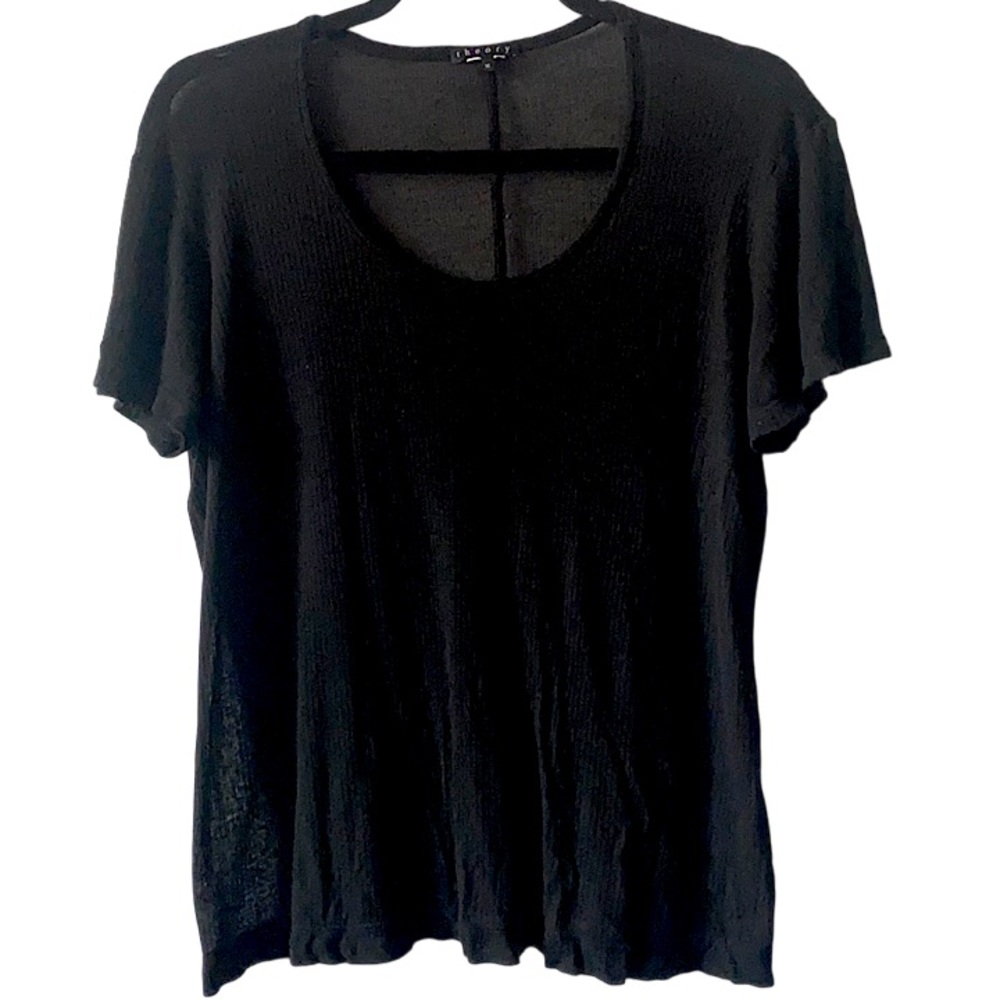 THEORY Black Basic Ribbed Scoop Neck Short Sleeve Top size medium